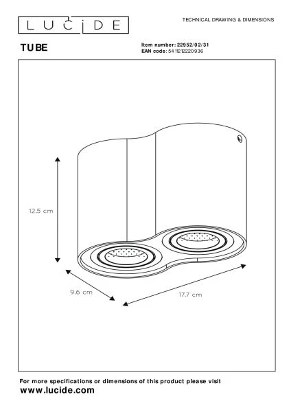 Lucide TUBE - Deckenstrahler - 2xGU10 - Weiß - technisch